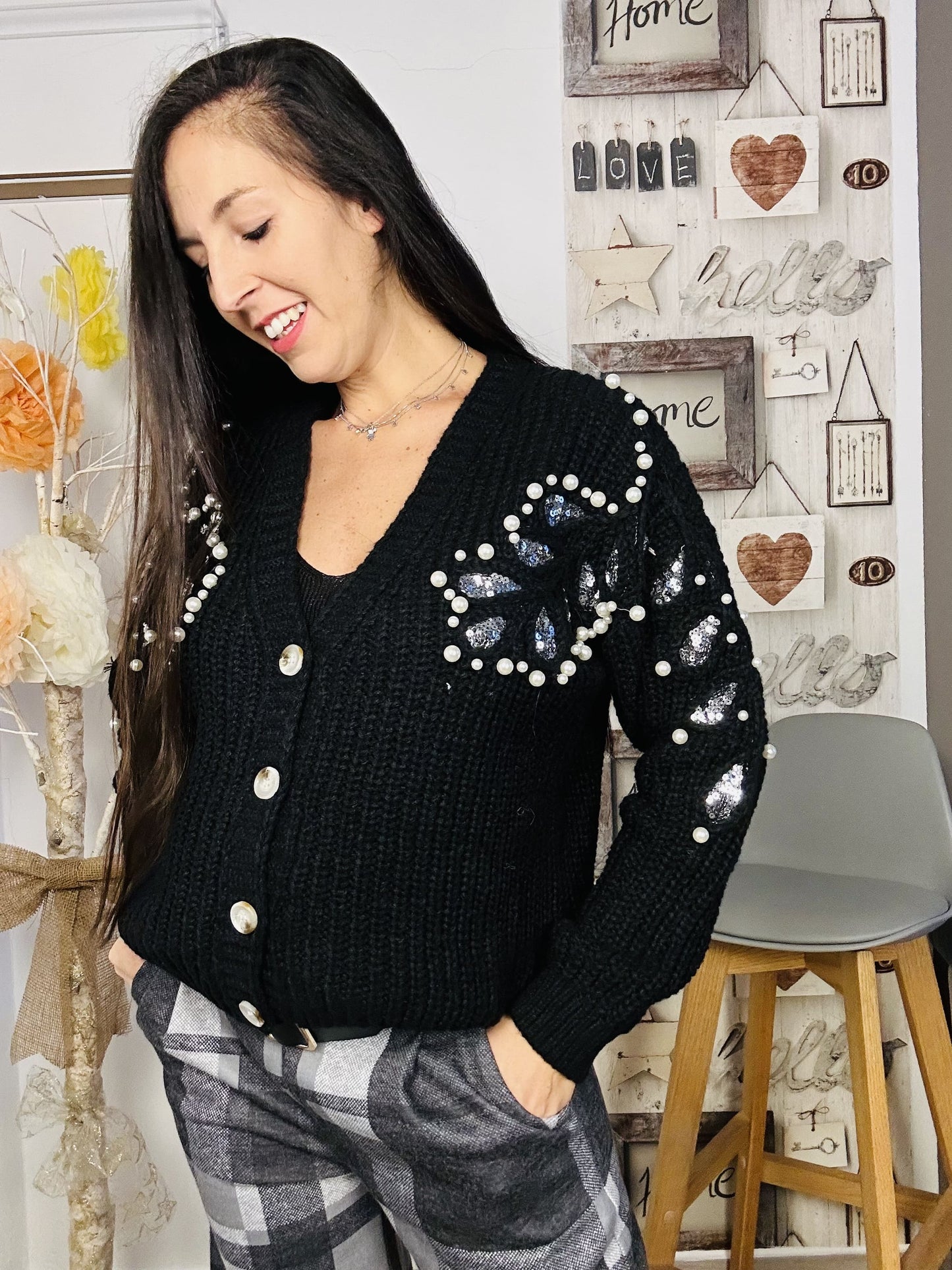 Cardigan perline e paiettes